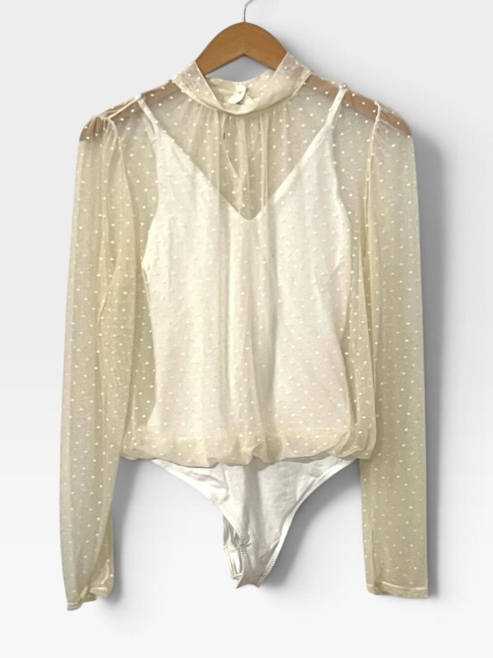 Free People Intimately Swiss Dot Mesh Bodysuit M Ivory Sheer Mock Neck Coquette
